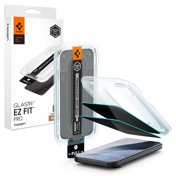 Set 2 folii sticla securizata Spigen GLAS.tR EZ Fit Privacy compatibile cu Google Pixel 11 Pro XL, Negru