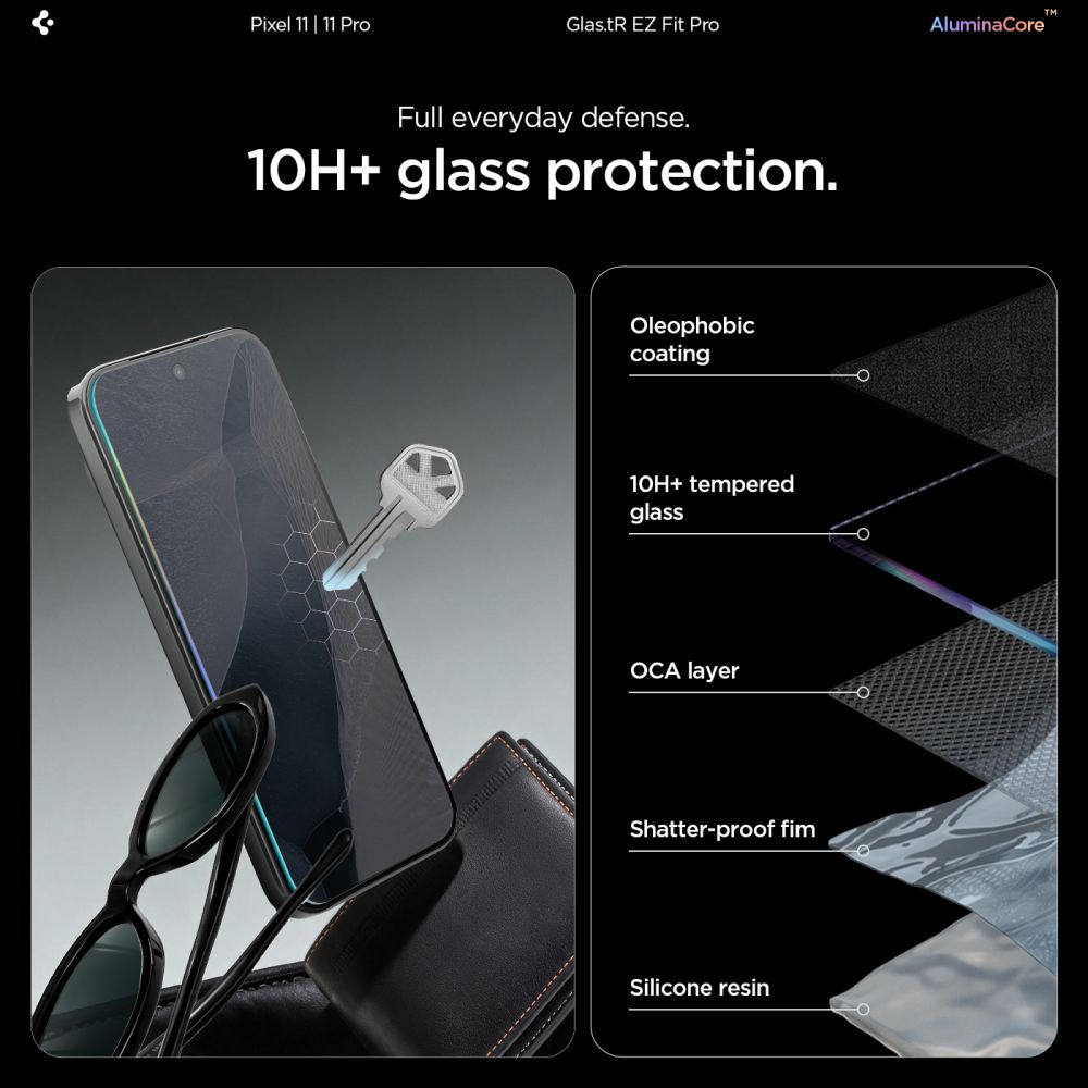 Set 2 folii sticla securizata Spigen Glas.tR EZ Fit Pro AluminaCore compatibila cu Google Pixel 11 / 11 Pro, Transparent
