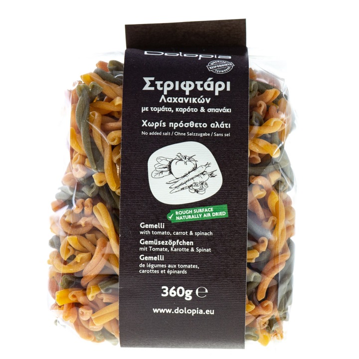 Paste Gemelli cu rosii, morcovi si spanac, Dolopia, fara aditivi sau conservanti, vegan, 360 g