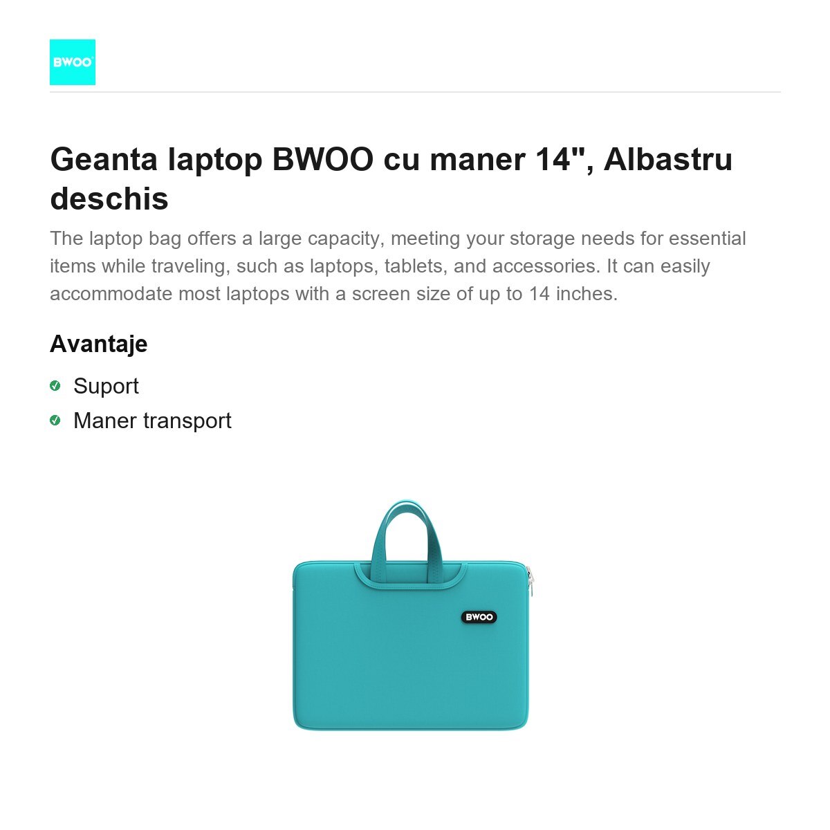 Geanta laptop BWOO cu maner 14", Albastru deschis