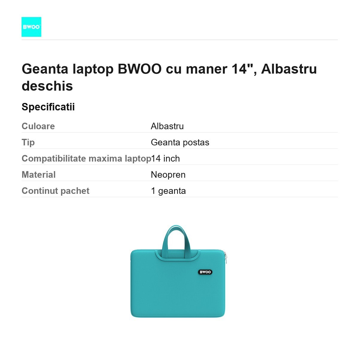 Geanta laptop BWOO cu maner 14", Albastru deschis