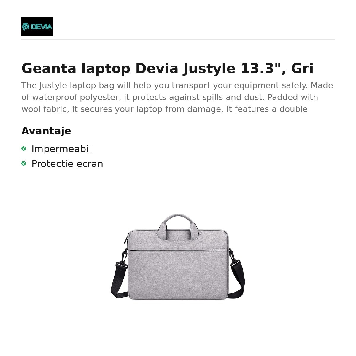 Geanta laptop Devia Justyle 13.3", Gri