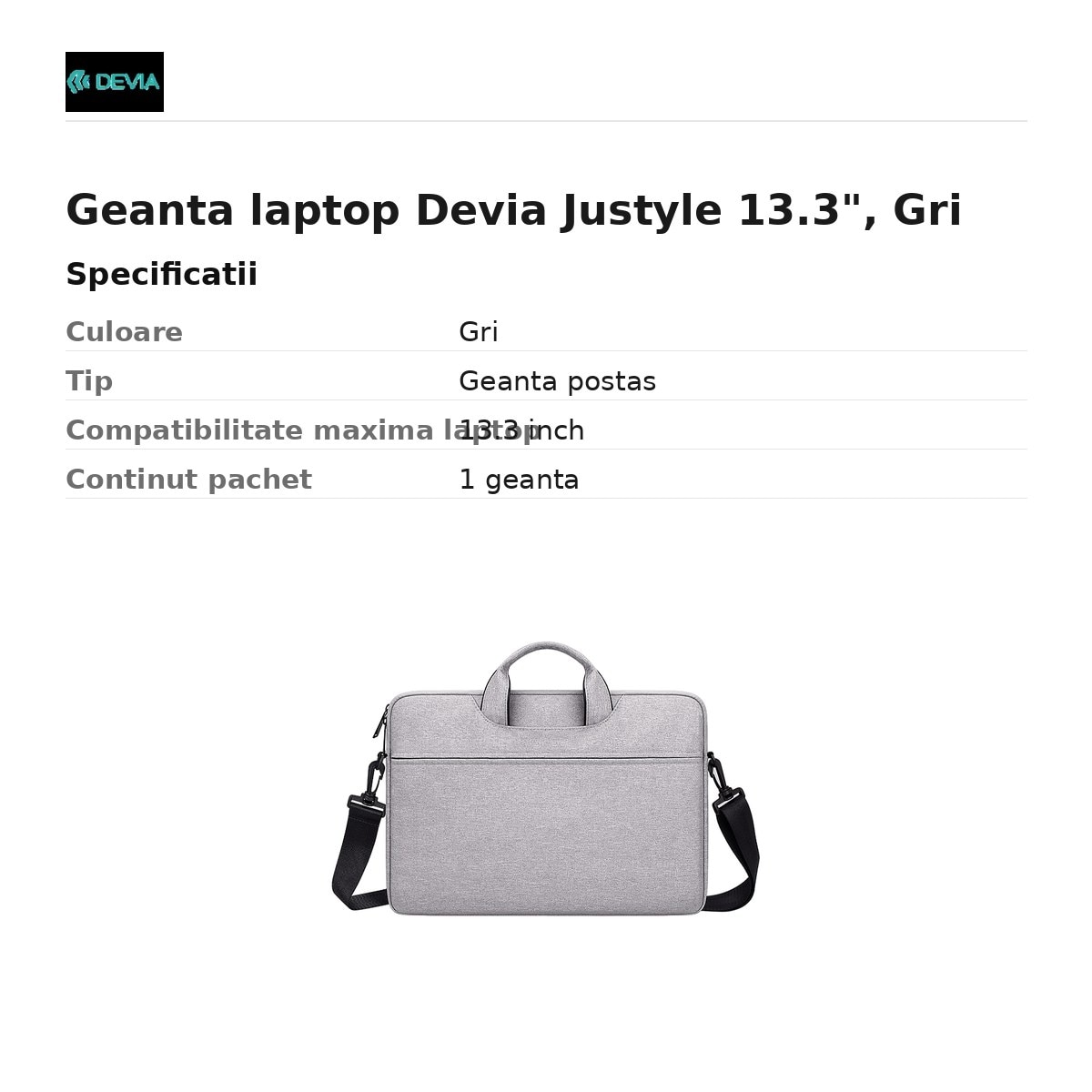 Geanta laptop Devia Justyle 13.3", Gri