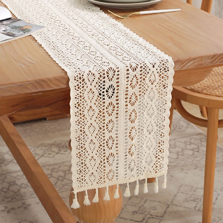 Carmdering EMAGFP-BST3109597-1-A asztali futó, horgolt boho csipke rojtokkal, bézs, 30 x 160 cm