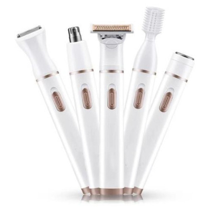 Set aparat de ingrijire electric 5-in-1 K0285-EP0818-HJ38485, epilator si trimmer cu capete interschimbabile (lama folie, trimmer nas/urechi, trimmer corporal, perie), alb/roz auriu