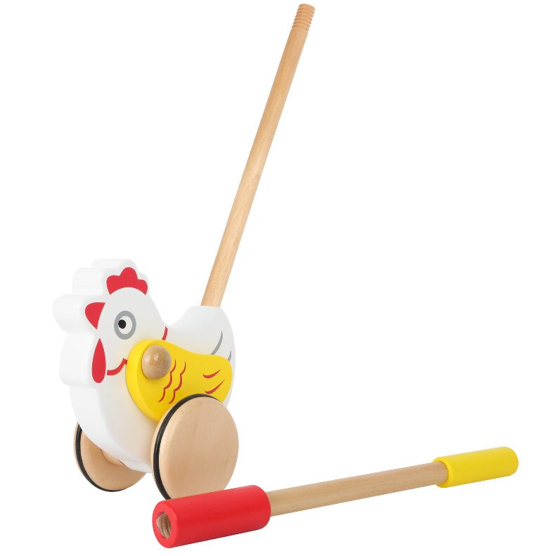 Jucarie lemn de impins - gaina cu cauciuc pe roti