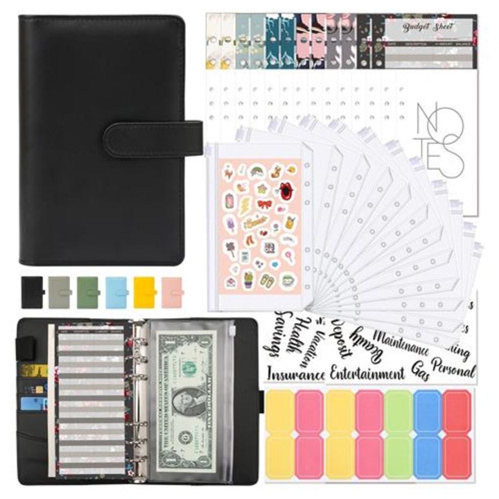 Organizer cu inele A6 K0285-EP0818-HJ39656, set planner pentru buget cu foi de buget, stickere si buzunare pentru carduri, negru