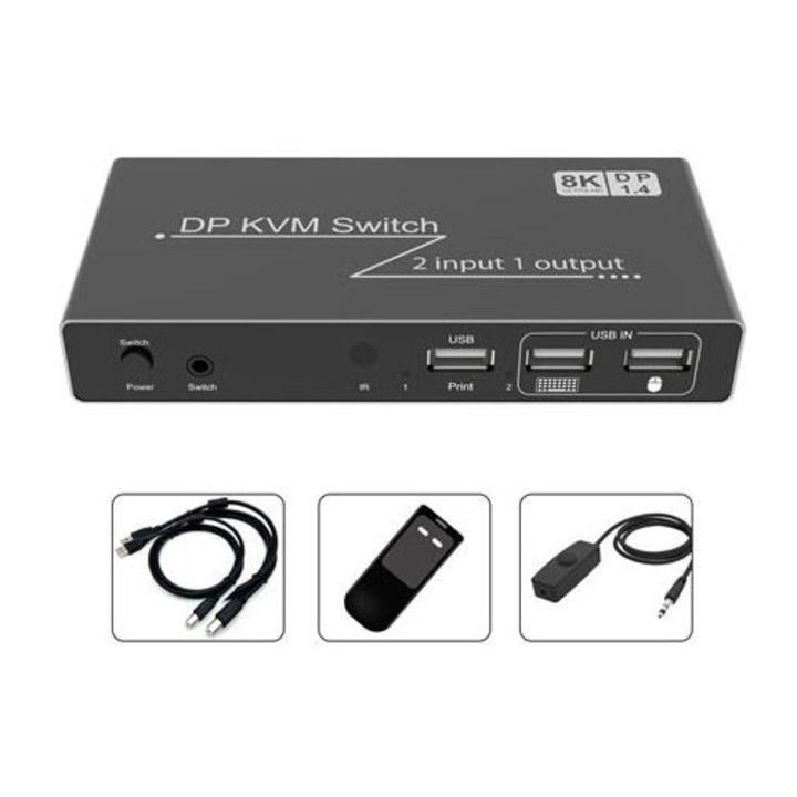 KVM DisplayPort kapcsoló K0285-EP0818-HJ40902, 2 bemenet 1 kimenet, DP 1.4, 8K@60Hz, USB, fekete