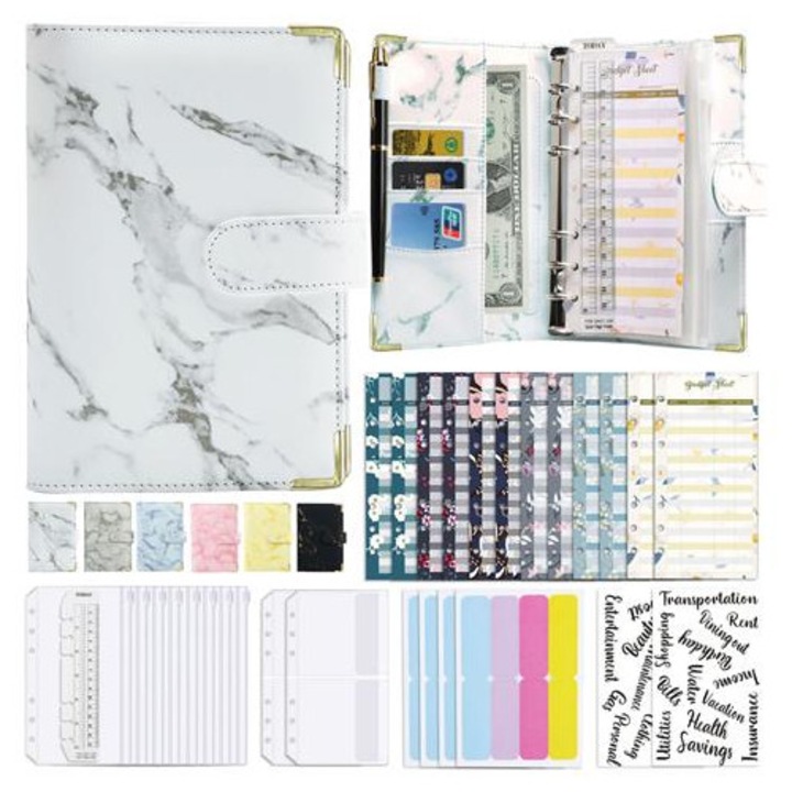 Organizer A6 cu inele K0285-EP0818-HJ39710, planner pentru buget cu foi de buget, sloturi pentru carduri si etichete, marmorat alb