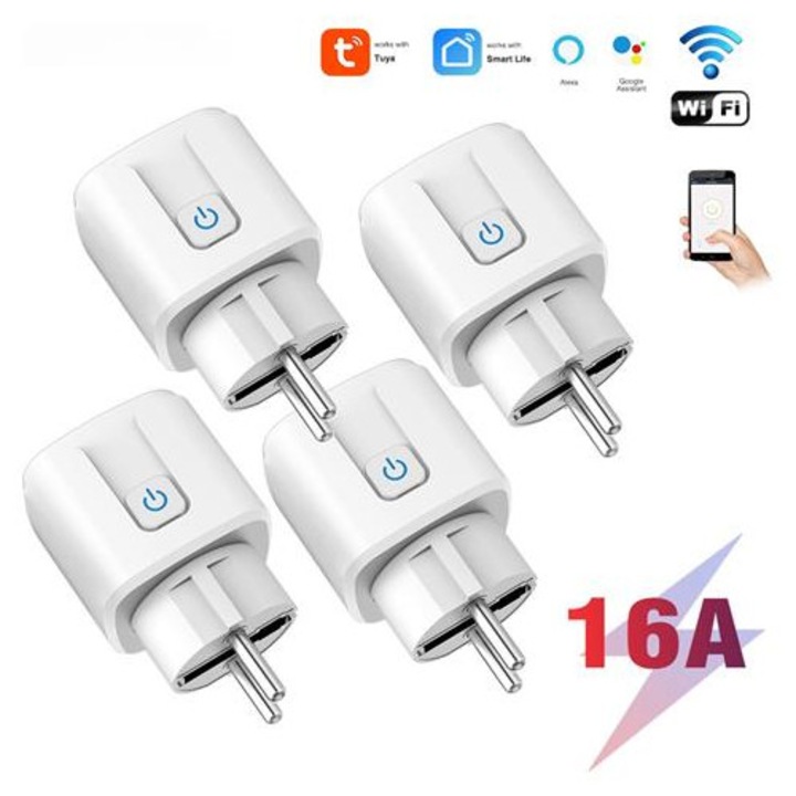 Priza smart K0285-EP0818-HJ40714, 16A, standard european, Wi-Fi, compatibil Tuya/Alexa/Google Assistant, control de la distanta, set 4, alb