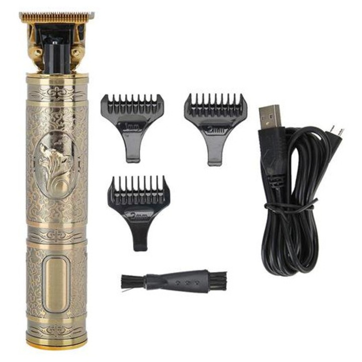 Masina de tuns electrica K0285-EP0818-HJ41044, tuns si contur, impermeabila, aurie, fara fir cu incarcare USB, 3 piepteni ghidaj
