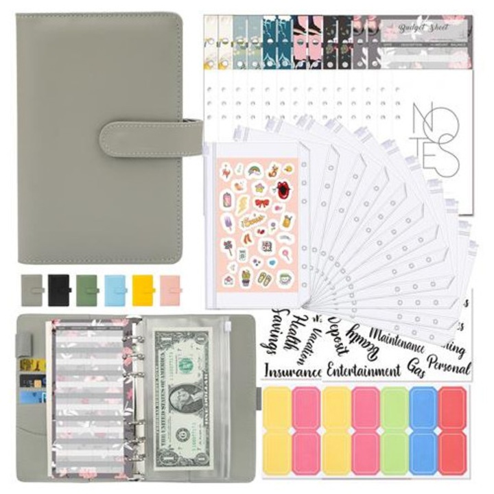 Organizator cu inele A6 K0285-EP0818-HJ39551, set planner bugetar cu foi, stickere, plicuri pentru numerar si compartimente pentru card, gri