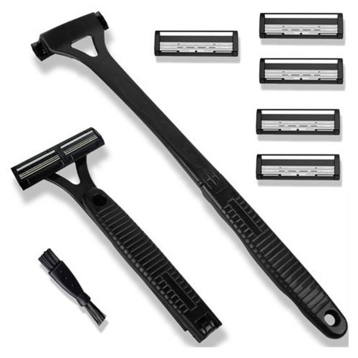 Aparat de ras pentru spate K0285-EP0818-HJ44075, maner pliabil/extensibil, set cu 5 capete de schimb, negru