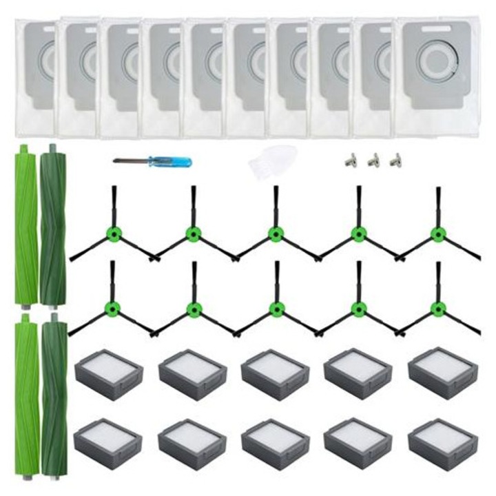 Set piese de schimb K0285-EP0818-HJ50206 compatibil cu iRobot Roomba seria i/j, perii laterale, role principale, saci pentru praf, filtre HEPA, verde/gri