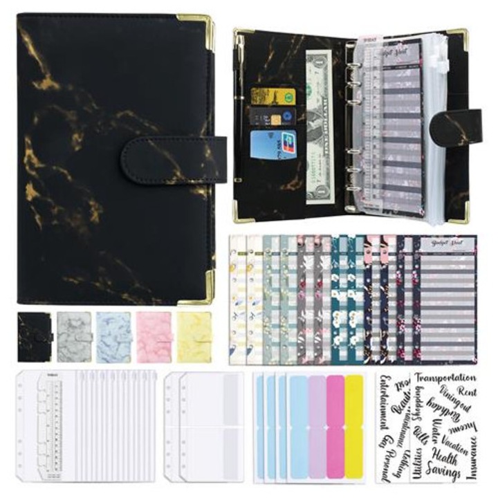 Organizator cu inele A6 K0285-EP0818-HJ40954, set planner bugetar cu foi, separatoare, stickere si buzunar pentru carduri, negru/auriu