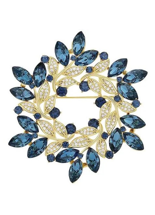 Brosa metal placat cu aur, model floral vintage cu cristale albastre, auriu/albastru