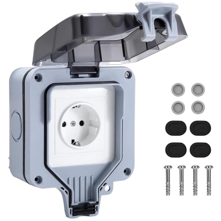 Priza etansa IP66 260815BM8067, 220–240 V 16 A 4000 W, ABS ignifug cu contacte din bronz, capac cu inchidere blocabila, gri, 113×113×98 mm
