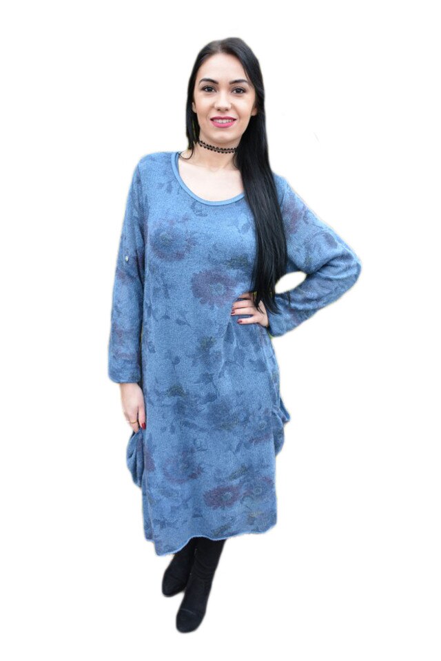 Rochie casual din tricot cu insertii de broderie ,D&J Exclusive, Albastru marin