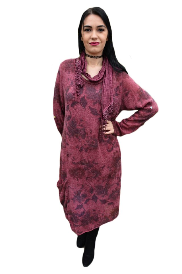 Rochie casual din tricot cu insertii de broderie ,D&J Exclusive, Marsala
