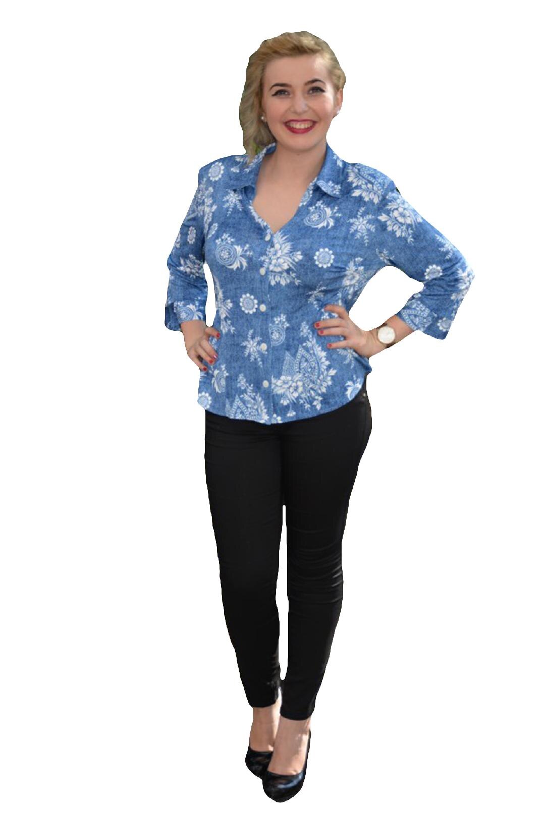 Camasa cu imprimeu floral pe fond tip denim, D&J Exclusive, Albastru