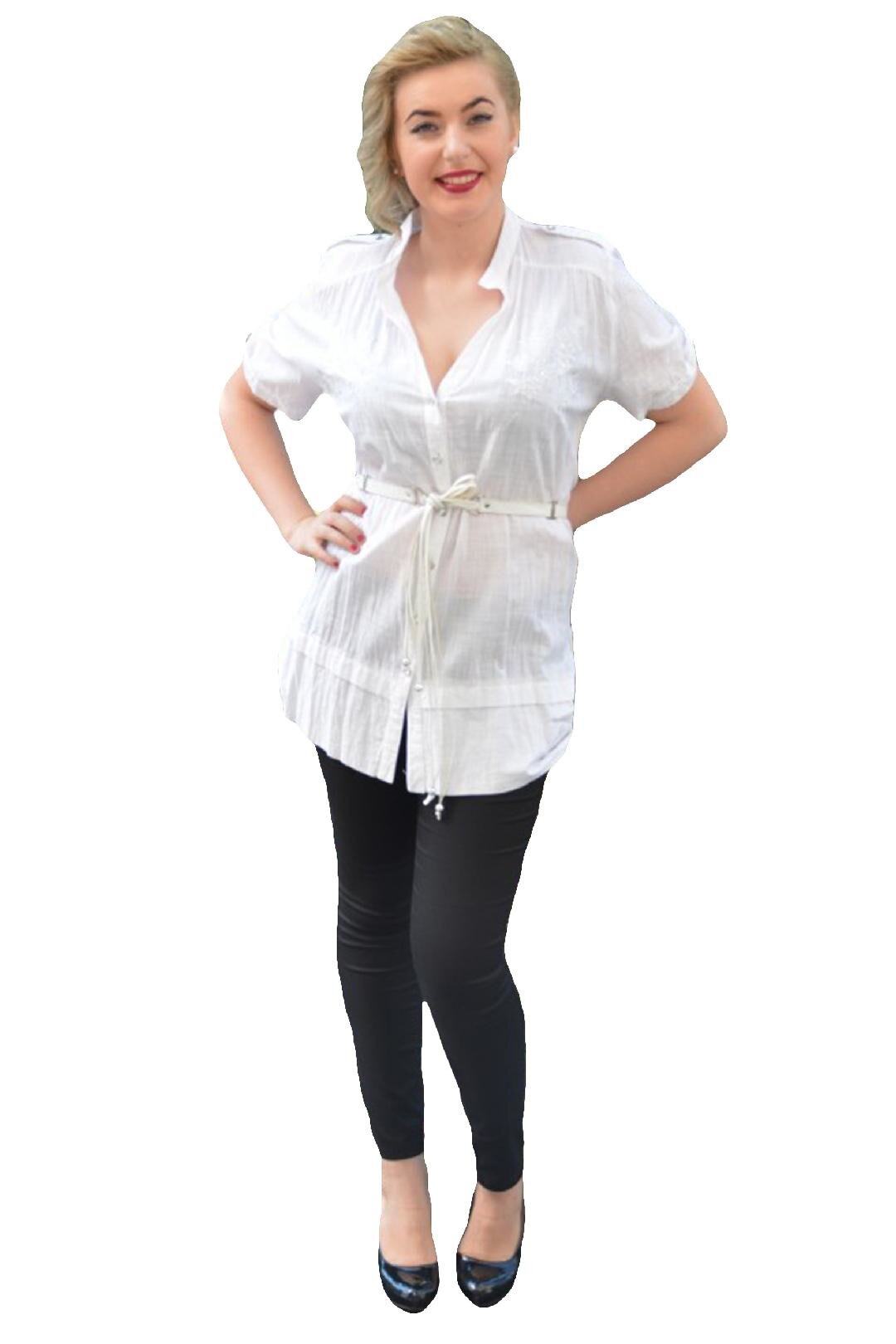 Camasa din bumbac cu maneca scurta si broderie, D&J Exclusive, Alb