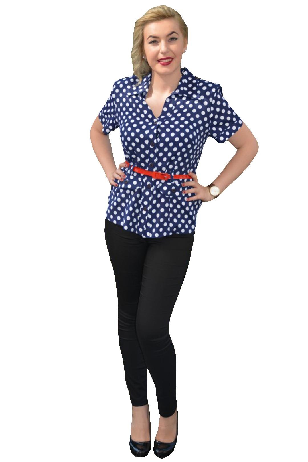 Camasa de zi cu buline si curea in talie, D&J Exclusive, Bleumarin/Alb