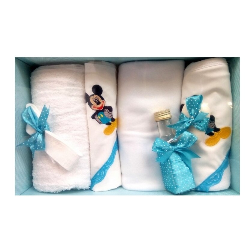 Trusou pentru botez, 7 piese, brodat cu figurina, Mickey Mouse, Little Angel, turcoaz