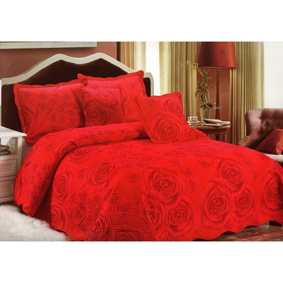 Cuvertura, pentru 2 persoane, brodata, 5 piese, bumbac, rosu Rita3