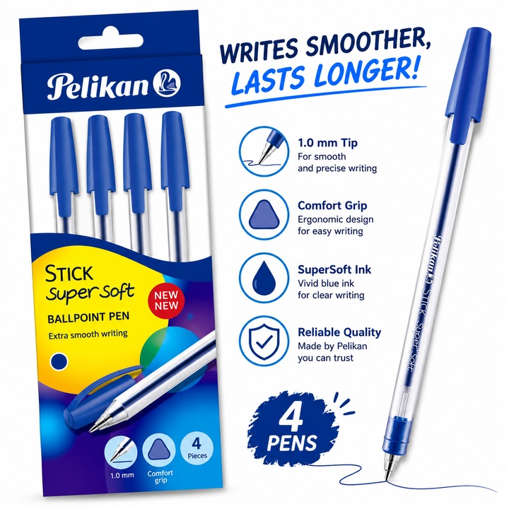 Комплект от 4 химикалки Pelikan Stick Super Soft, синьо мастило, гладко писане, прозрачно тяло, синя капачка, за училище и офис