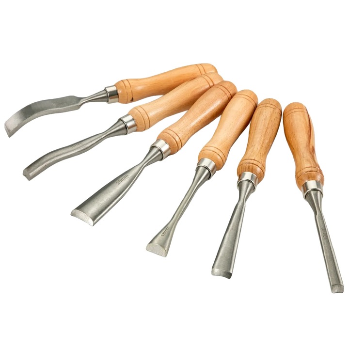 Set dalti pentru sculptura din otel rapid cu manere din lemn, natural (lemn), 6 piese