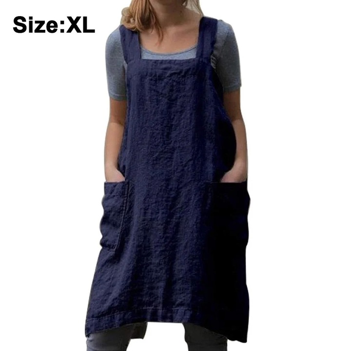 Zyblssbb, sort tip pelerina din bumbac-lin cu bretele incrucisate fara legaturi, buzunare laterale, albastru inchis, XL