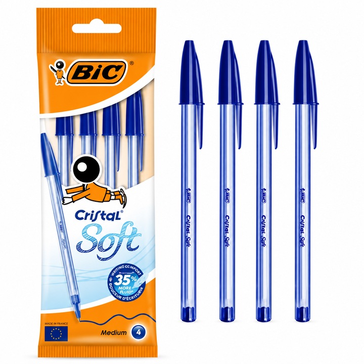 Комплект от 4 химикалки BIC Cristal Soft, синьо мастило, среден връх, гладко и плавно писане, прозрачно тяло, за училище и офис