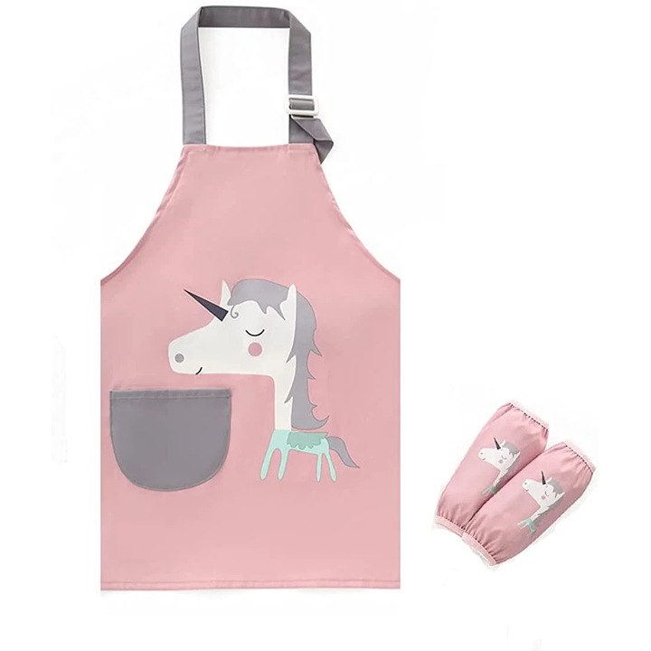 ZYBLSSBB, sort pentru copii din PUL impermeabil cu buzunar si bretea reglabila, imprimeu unicorn, roz/gri, set cu sort si 2 maneci protectoare
