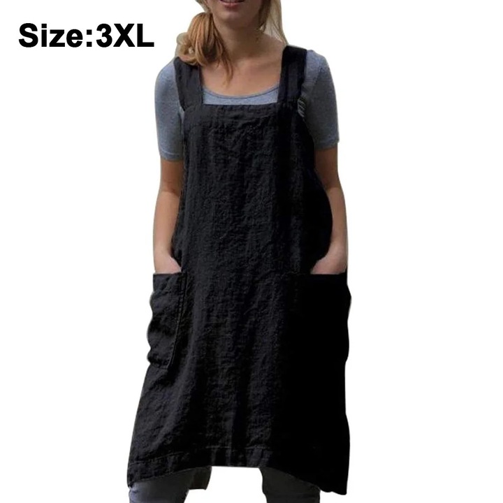 ZYBLSSBB, sort pinafore din bumbac si in, bretele incrucisate fara snur, buzunare laterale, negru, 3XL