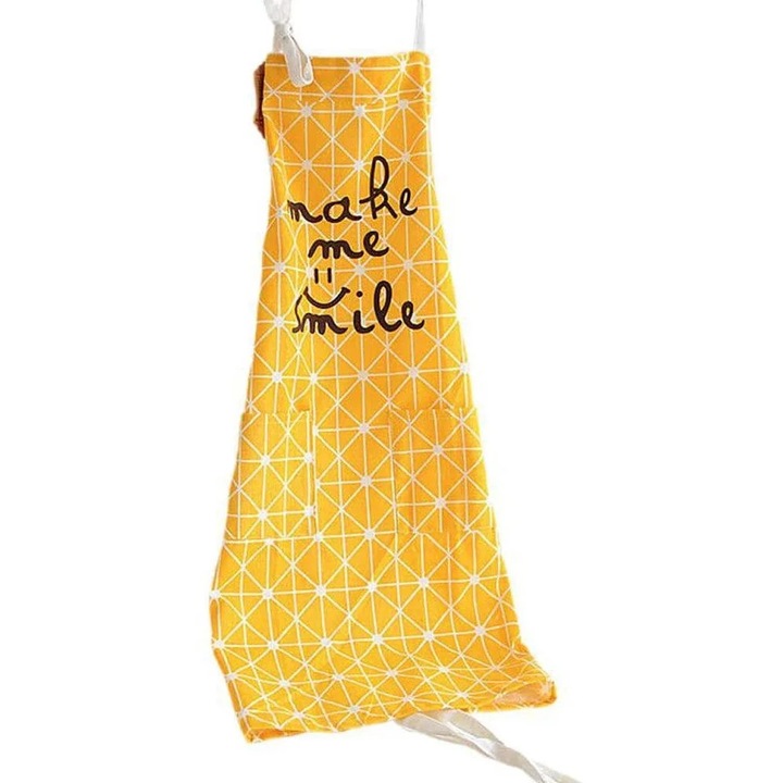 ZYBLSSBB, sort de bucatarie din bumbac si in cu buzunare si imprimeu „make me smile”, galben, 74 x 53 cm