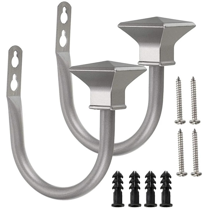 Set 2 suporturi pentru draperii ZYBLSSBB LSM2xh13013-BCS0077049-2, metal usor, montaj pe perete, capat patrat decorativ, alb, include suruburi si dibluri