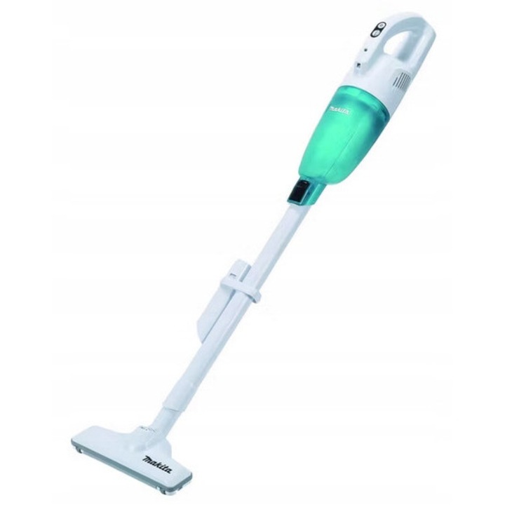 Aspirator vertical Makita CL117FDX1 fara sac, fara fir, 12V, acumulator Li-ion 2.0 Ah, autonomie 50 min (mod normal), rezervor 0,65 l, LED, alb/turcoaz