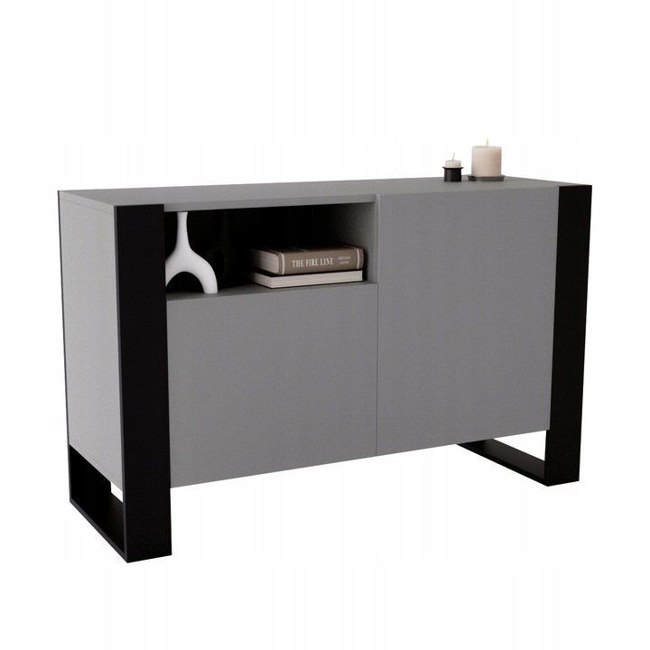 Comoda Perfektciecie Karo 120 din placaj laminat EGGER 18 mm, cu raft deschis si 4 polite, gri/negru, 120 x 75 x 43.6 cm