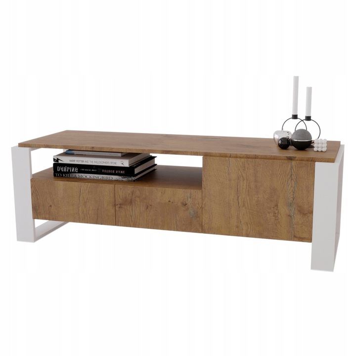 Comoda TV Perfektciecie Kaja din pal melaminat EGGER 18 mm, polita reglabila 3 pozitii, cant ABS 0,8 mm, Sosna Cascina/Alb, 152 x 49 x 43 cm