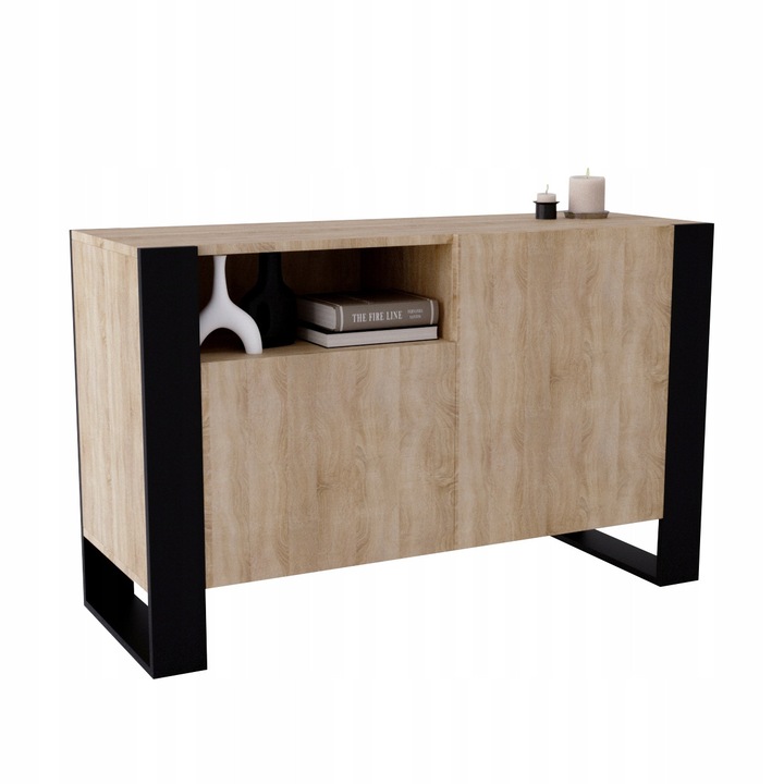 Comoda Perfektciecie KARO 120, placa laminata EGGER 18 mm, spatiu deschis si 4 polite, picioare negre, decor Dab Bardolino/Negru, 120 x 43.6 x 75 cm