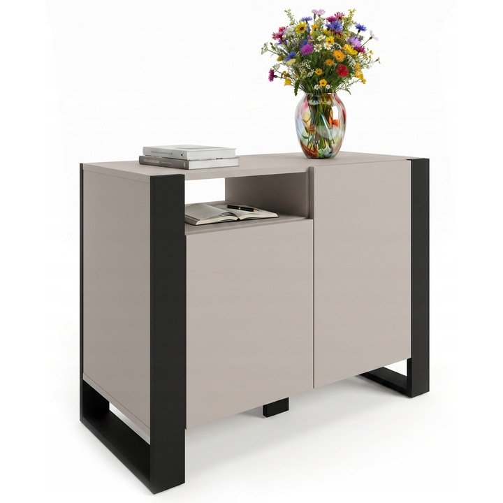 Comoda Perfektciecie KARO WDBKNEBMV, design loft cu cadre negre contrastante, bej (kaszmir)