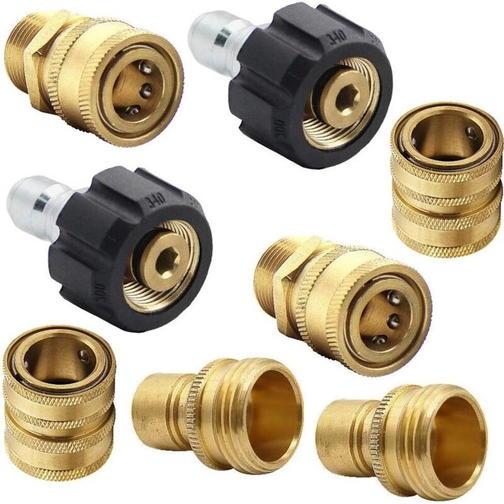 Set adaptoare pentru aparate de spalat cu presiune 260818BM285, racorduri pivotante M22-14, conectori rapizi 3/8" si 3/4", alama, 8 piese, pana la 5000 PSI