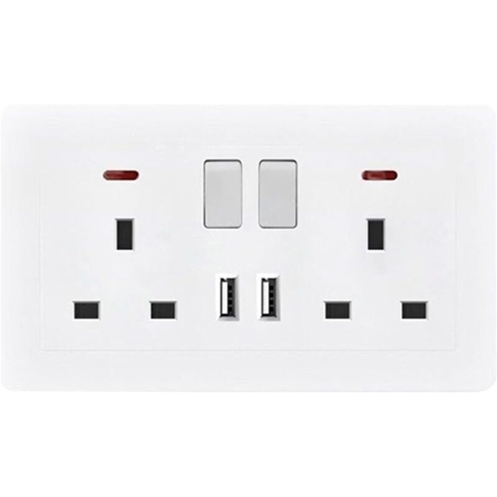 Priza de perete dubla cu comutator si 2 porturi USB, incarcare inteligenta, alb, model 260818BM2649