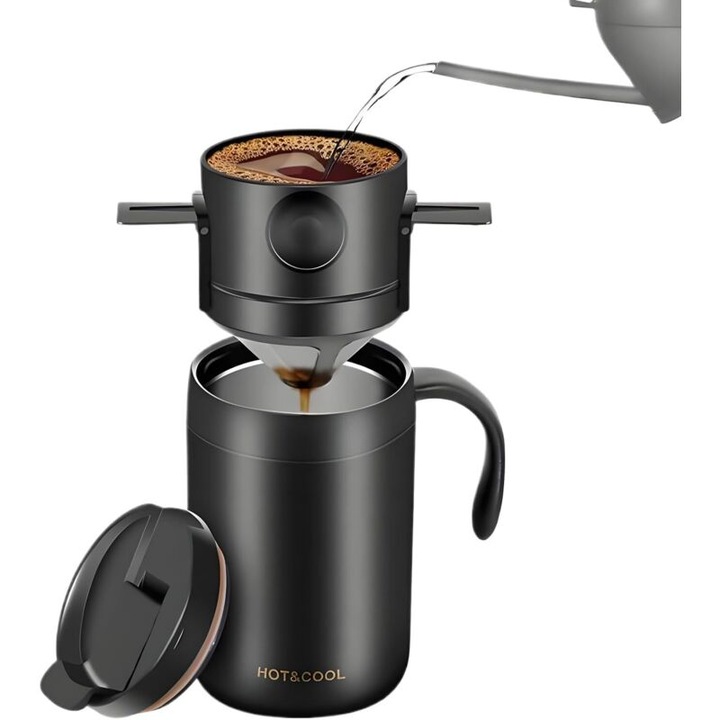 Filtru de cafea portabil A9/COSMO 260818BM3129, cana termica din otel inoxidabil cu interior cu strat ceramic, izolatie vid, maner, negru