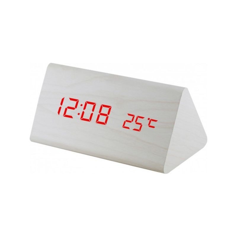 Ceas LCD, forma triunghi, ora 12/24, data, temperatura, senzor sunet, alb