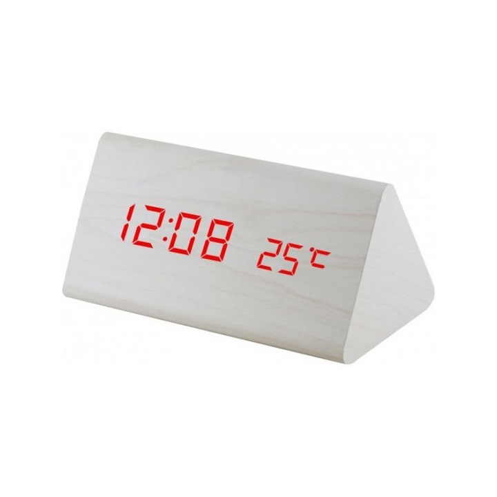 LCD часовник, триъгълна форма, 12/24 часа, дата, температура, сензор за звук, бял
