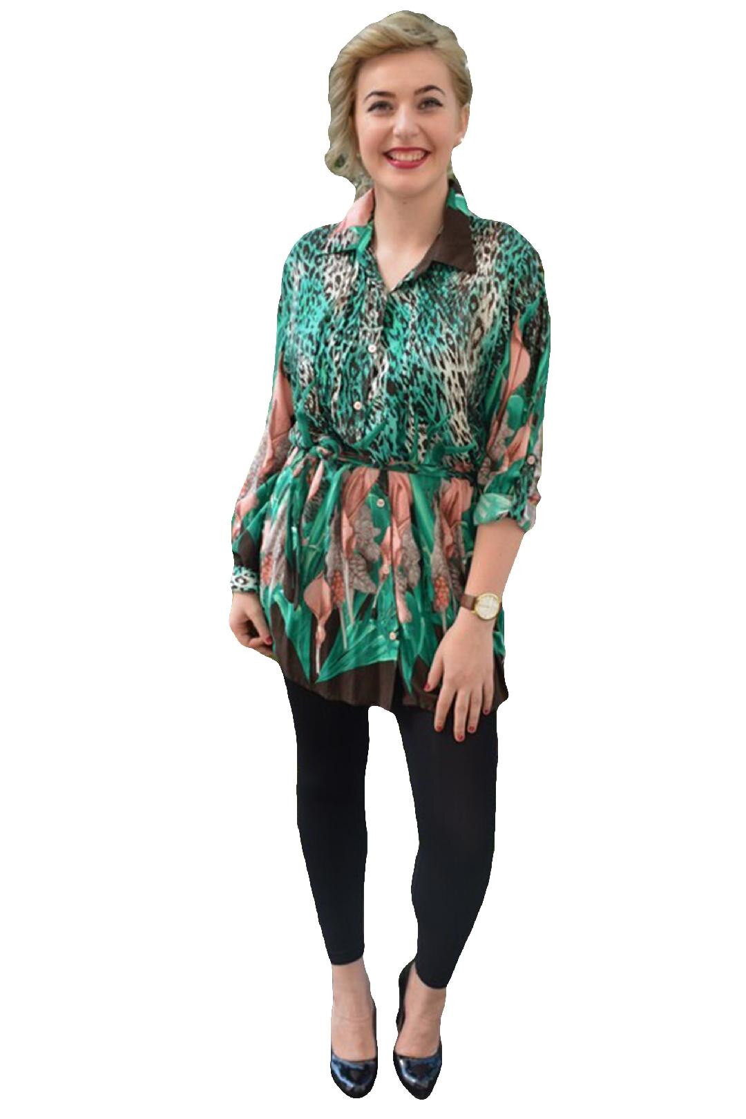 Camasa lunga cu cordon si imprimeu deosebit, D&J Exclusive, Verde inchis