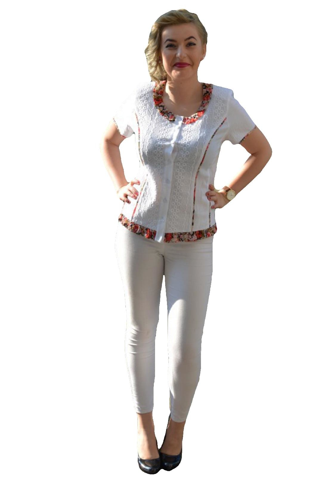 Camasa cu apect dantelat in partea de jos, D&J Exclusive, Alb/Rosu