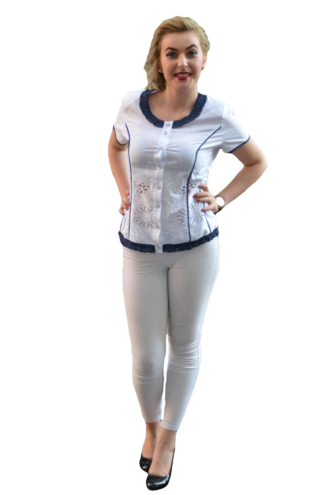 Camasa cu apect dantelat in partea de jos, D&J Exclusive, Alb/Bleumarin