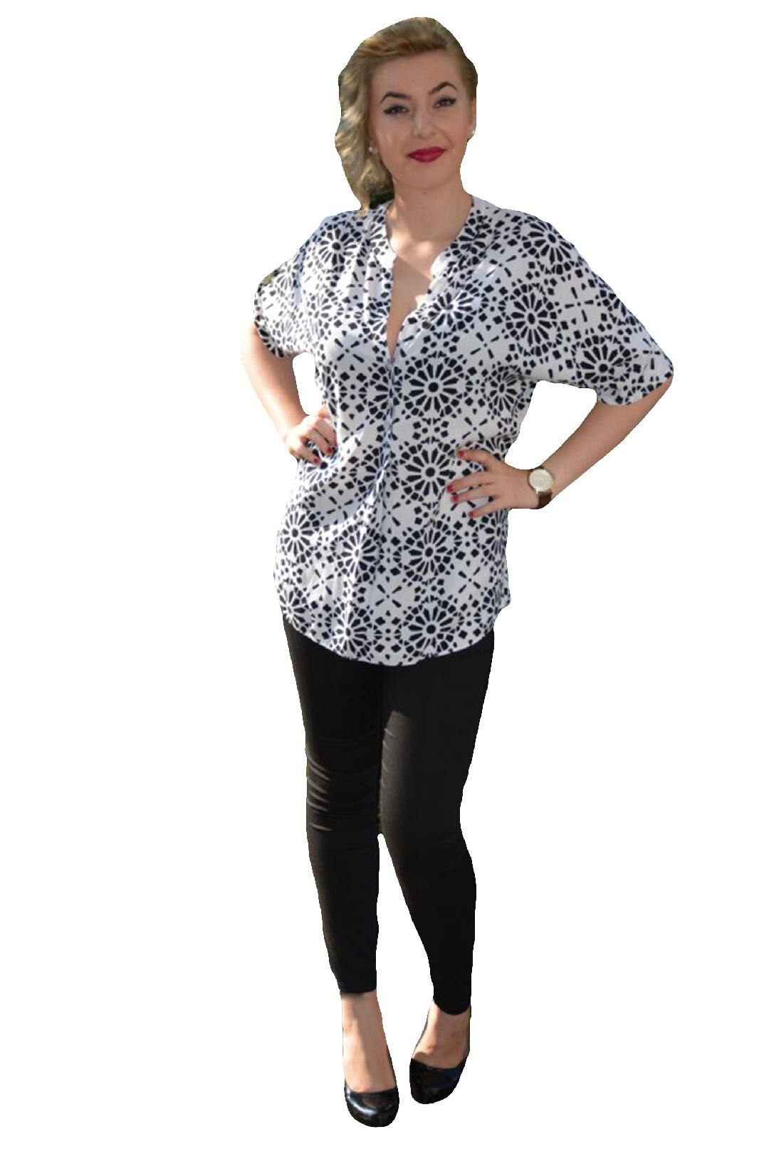 Camasa lunga de primavara-vara cu imprimeu, D&J Exclusive, Alb/Negru